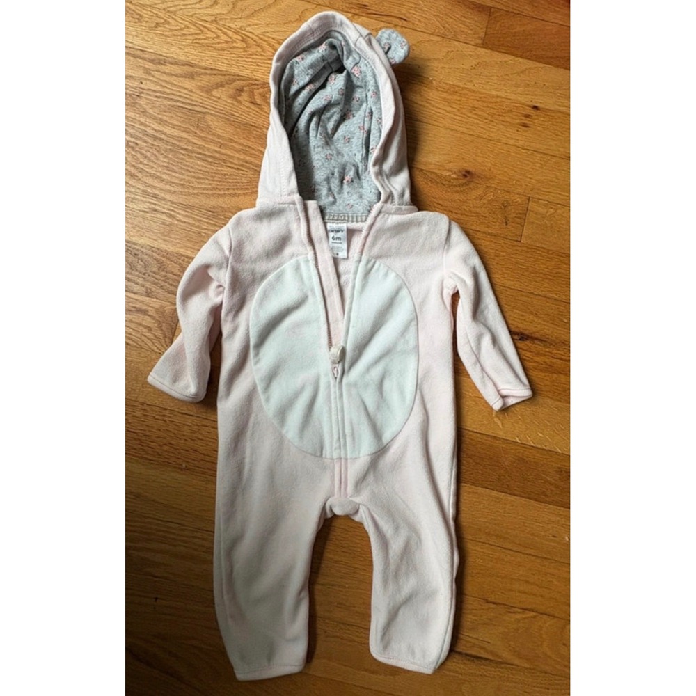 Carters Baby Girl Pink Fleece Hooded Jumpsuit Bear Ears Floral Lining 6M